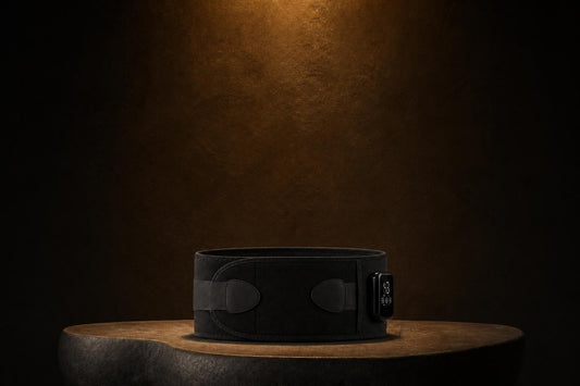 Ceinture chauffante sans fil Braizia posée sur un socle de pierre, lumière chaude