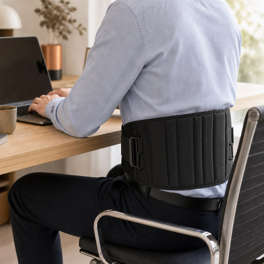 Homme assis à son bureau, une ceinture chauffante portée sur le bas du dos