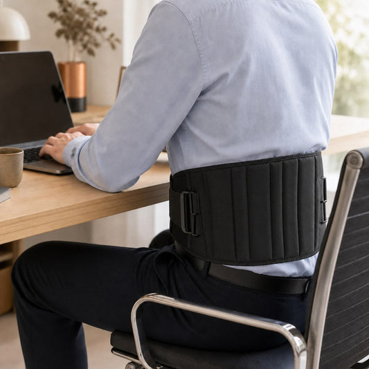 Homme assis à son bureau, une ceinture chauffante portée sur le bas du dos
