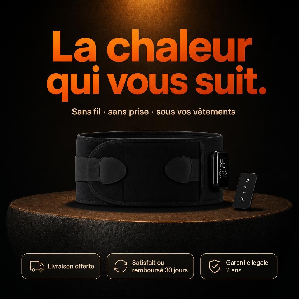 Ceinture chauffante sans fil Braizia : livraison offerte, satisfait ou remboursé 30 jours, garantie légale 2 ans