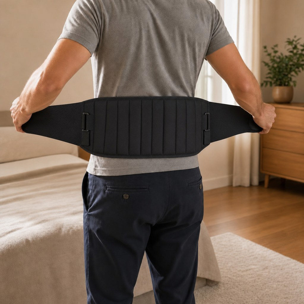 Geste 1 : placer la ceinture Braizia sur le bas du dos avant de la fermer